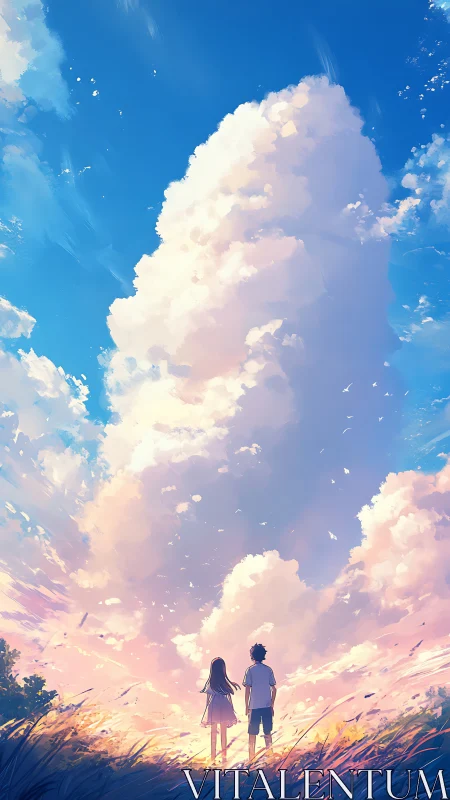 Two figures under towering cloud in open field at dusk.