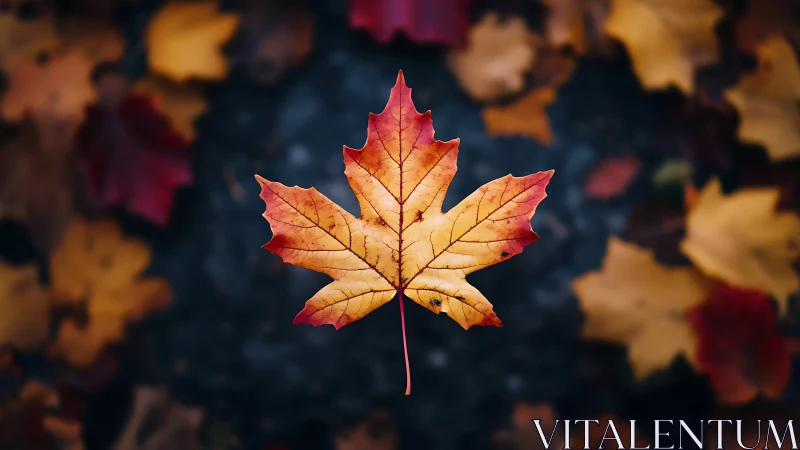 Maple leaf hangs sharply focused over blurred ground cover