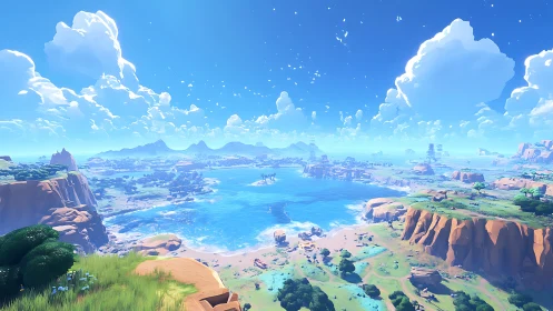 Expansive Fantasy Valley Basin with Crystalline Waters and Dramatic Cliffs.