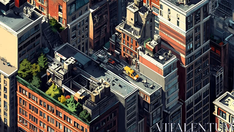 Rooftop gardens contrast dense city blocks in warm sunlight