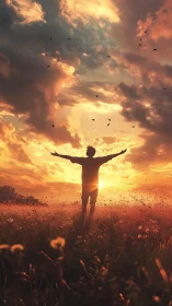 Silhouette in meadow against low sun and stratified clouds.