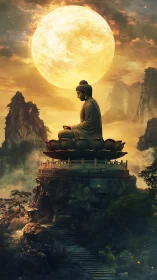Moonlit Buddha adrift on a mountain of whispering stone.