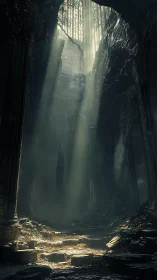 Sunlight enters a ruined vaulted cavern through a high opening