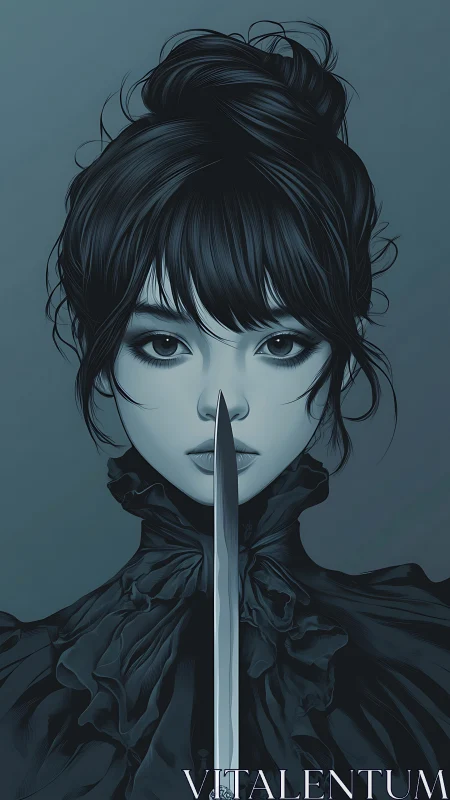 Young woman faces viewer with vertical sword alignment