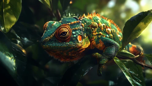 Colorful chameleon rests on wet leaves in filtered sunlight