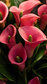 Crimson Calla Lilies Against Dark Foliage.