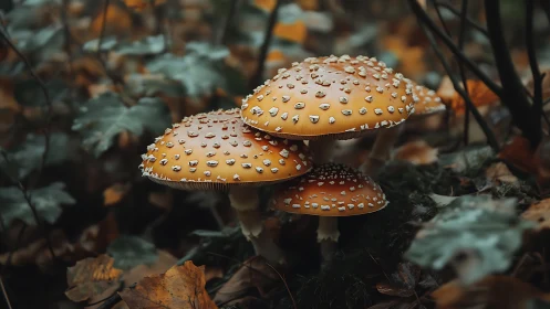 Clustered orange fly agaric mushrooms in soft forest bokeh.
