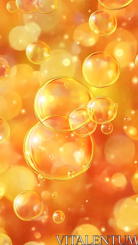 Golden orange soap bubbles on a glowing abstract background.