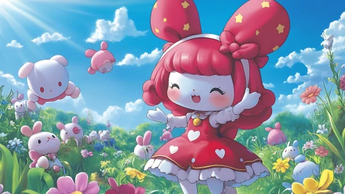 Sunny meadow joy with a red-dressed bunny friend.