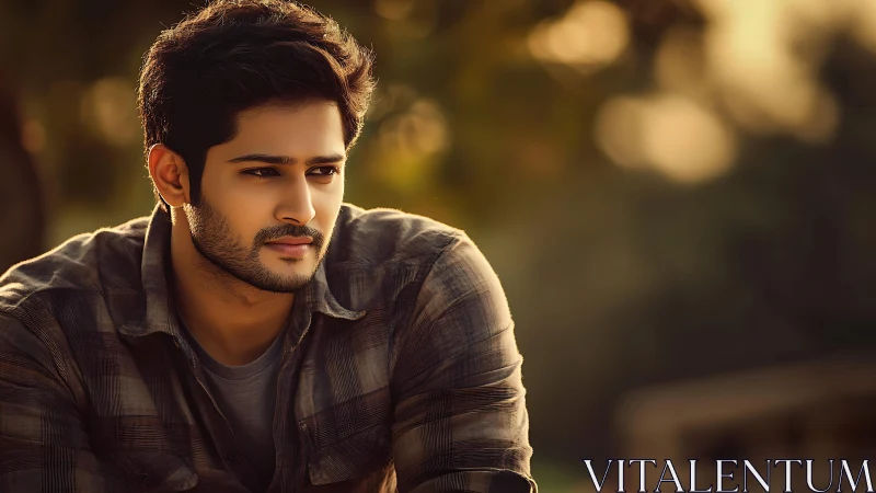 Thoughtful young man in warm golden hour light outdoors.