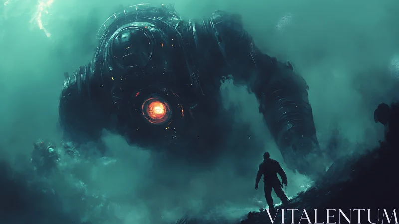 Colossal teal war mech confronting lone soldier in misty ruins.