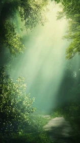 Serene Forest Path Bathed in Golden Sunlight