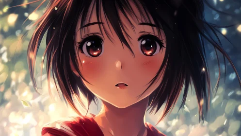 Young anime girl portrait with bokeh forest background.