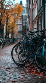 Urban Bicycles on Brick Pavement with Autumn Foliage and Architectural Backdrop.