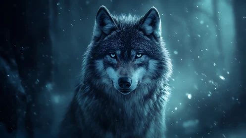 Wolf stands in blue-tinted snowstorm with intense gaze