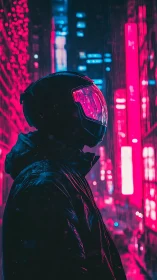 Cyberpunk rider silhouette in neon-soaked nocturnal alleyway.