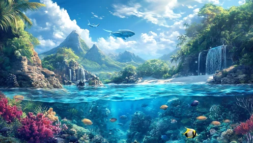 Sunlit tropical cove welcomes bright reef life and calm waters