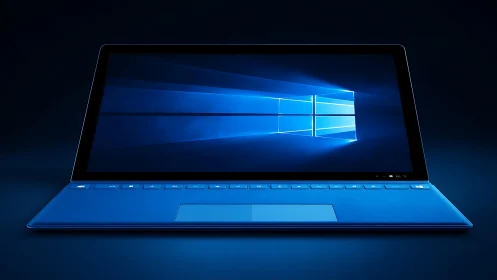 Slim blue ultrabook with Windows 10 lock screen in dark studio