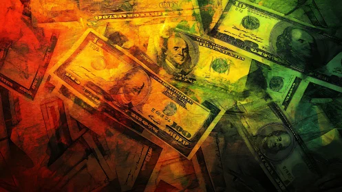 Color-saturated dollar collage evokes intense financial energy
