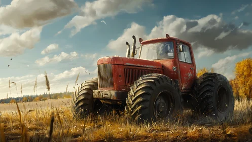 Broad-tired red tractor rumbles through sunlit autumn field