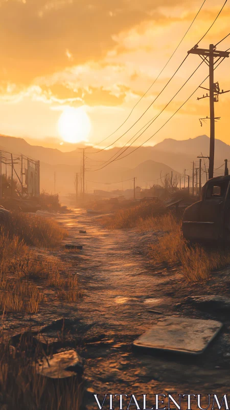 Abandoned dirt road with power lines at low sunset light.
