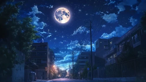 Midnight city street under luminous full moon sky.