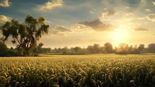Sunlit grain field with distant trees under low horizon sun.