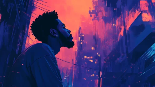 Urban profile in neon dusk with cinematic cyber gradient lighting.