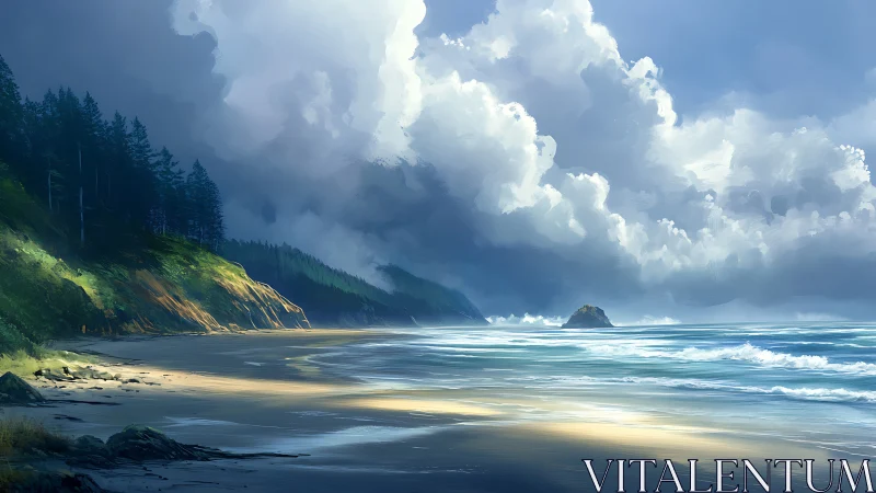 Coastal landscape with forested cliffs under dense clouds.