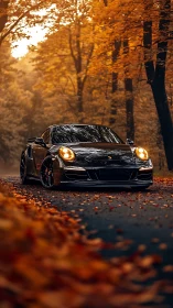 Midnight sports car prowls through ember-bright autumn woods.