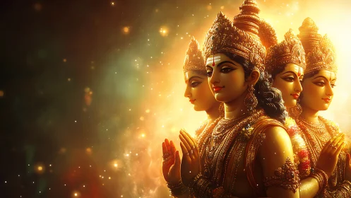 Radiant divine figures in flowing golden cosmic light.