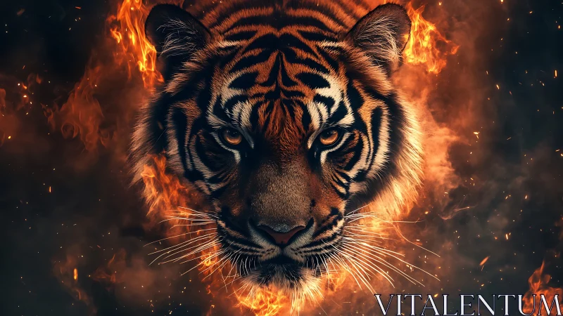 Tiger head emerging from surrounding flames and sparks.