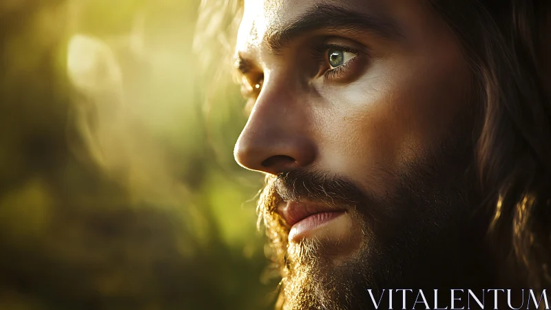 Photorealistic side portrait in warm natural rim lighting.