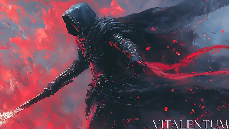 Hooded warrior in dark armor amid swirling red energy.