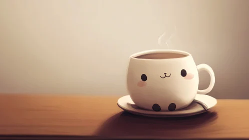 Cute kawaii coffee cup character on warm wooden table.