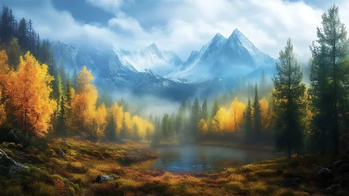 Digital painting of misted alpine lake with autumn forest edge.
