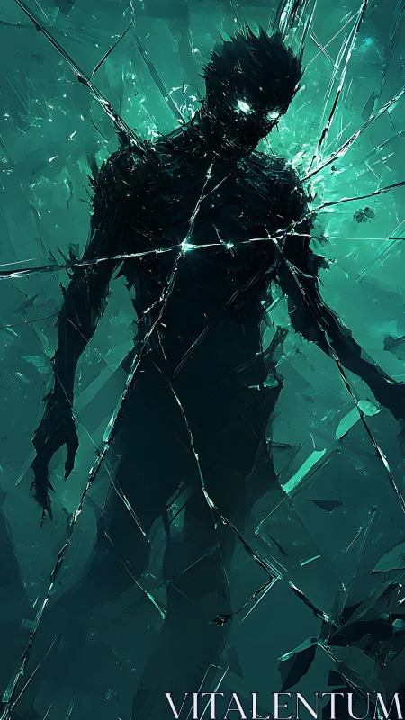 Shardborn shadow walks through turquoise fracture storm.