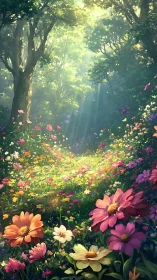 Sunlit forest clearing with dense multicolored wildflowers.