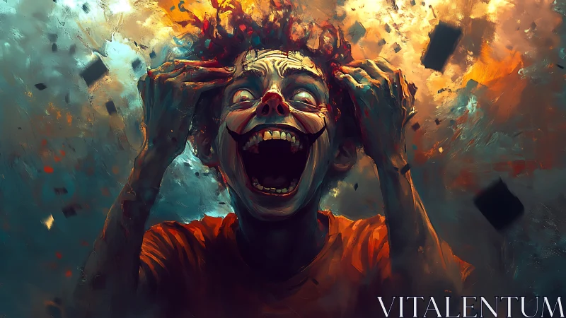 Clown-faced figure screams upward amid chaotic painted debris
