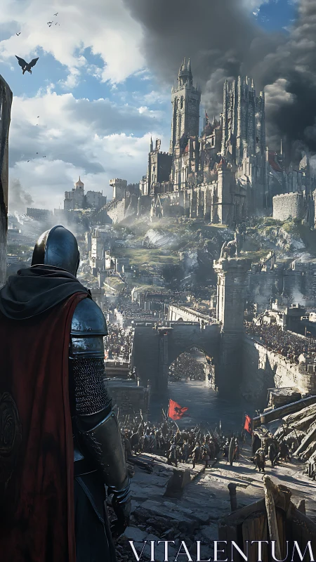 Armored knight observing crowded siege of vast citadel.