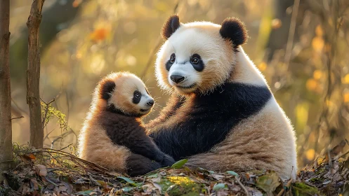 Panda parent and cub trade forest secrets in autumn light
