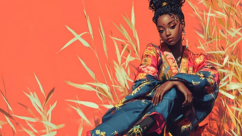 Regal woman in ornate kimono against bold coral field.