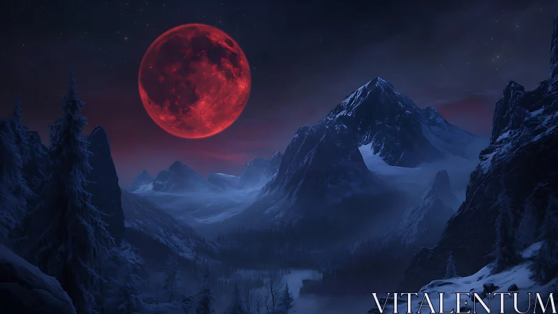 Red moon over dark winter mountains and frozen valley.