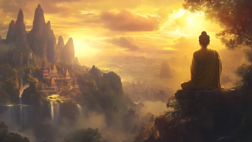 Golden dawn meditates above misty temple waterfalls