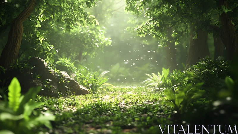 Enchanted Forest Path with Dappled Sunlight Through Canopy.