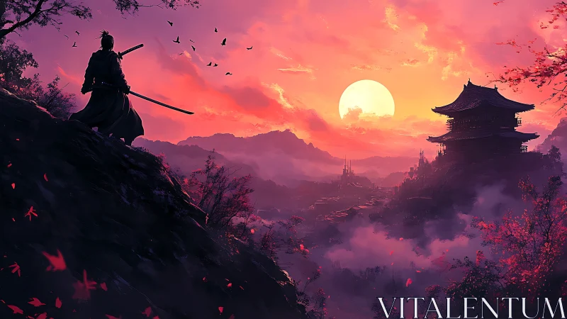 Lone samurai surveys misty valley beneath blazing sunset sky.