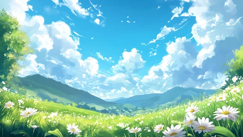 Digital landscape of grassy valley with mountains and sky.