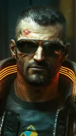 Cyberpunk mercenary portrait with neon collar glow.