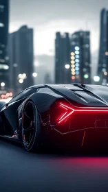 Futuristic black supercar with red lights in city night