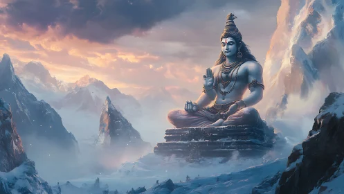 Lord Shiva in meditative posture amid icy Himalayan peaks
